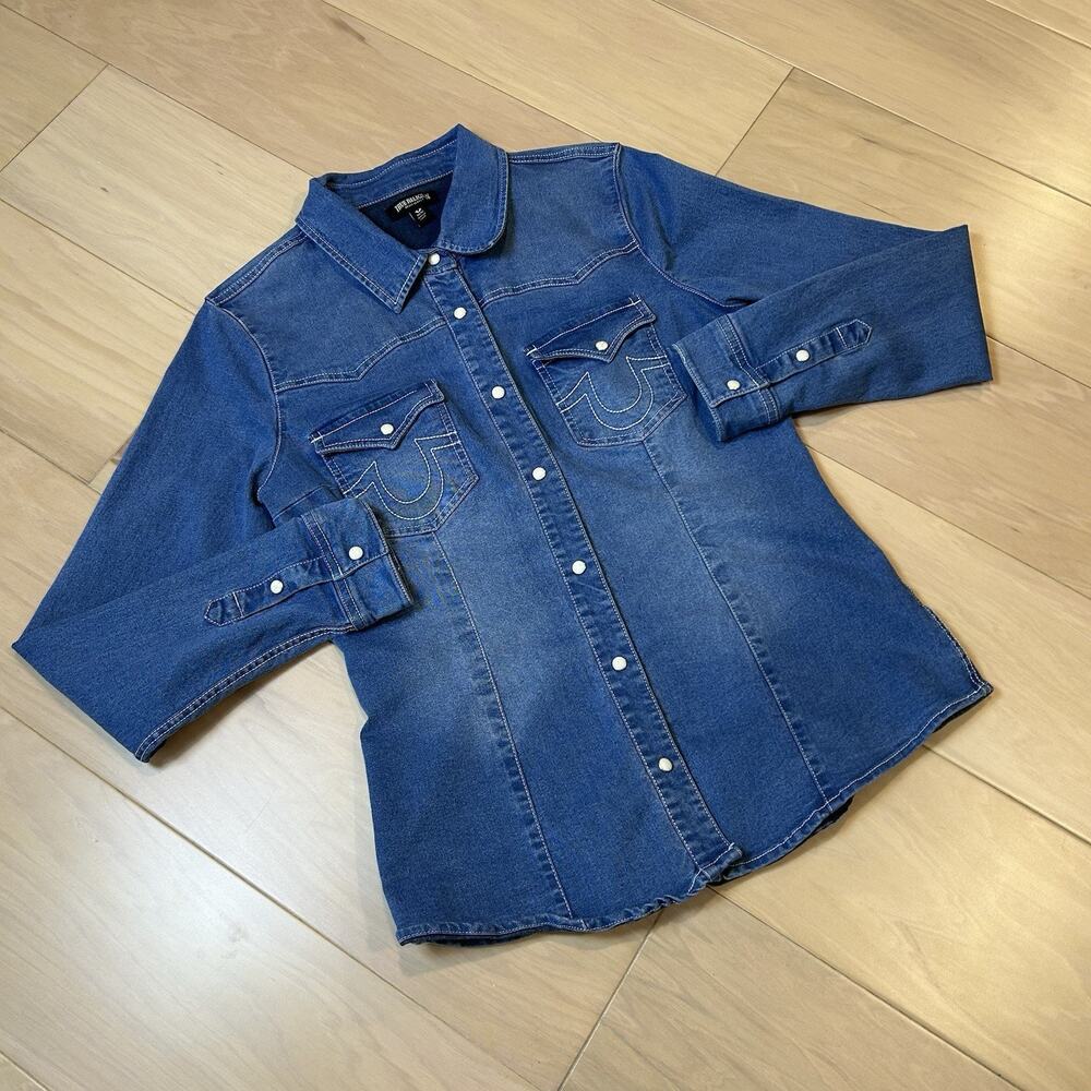 True Religion Western Pearl Snap Denim Blue Shirt Women’s Medium - Picture 2 of 8